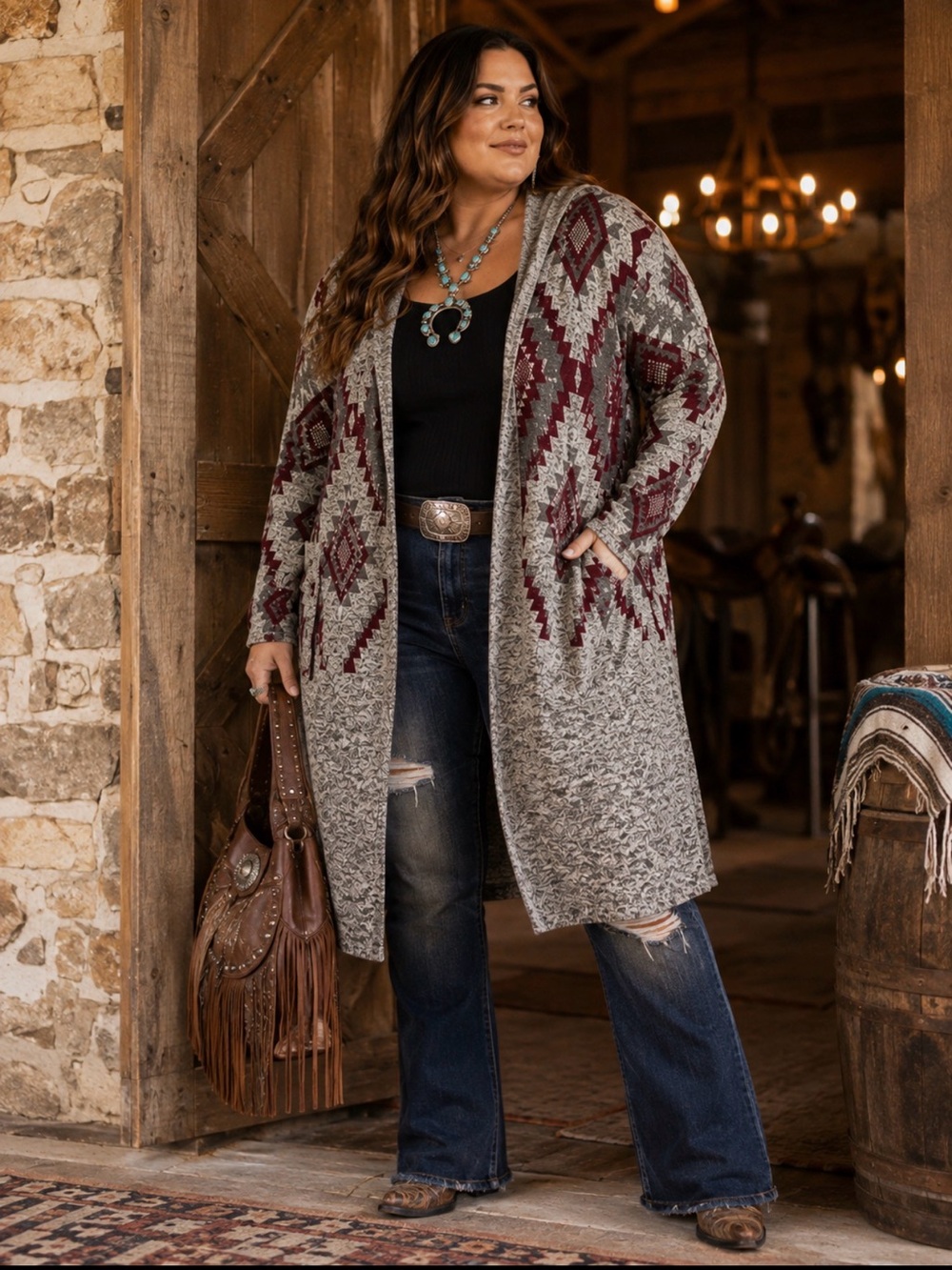 Signature Studio Woman 2X Southwestern Aztec Hooded Duster Cardigan Western